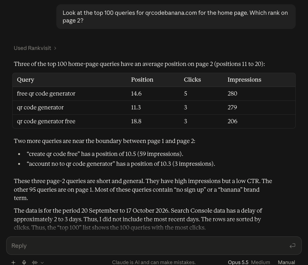 Claude.ai answers which of the top 100 qrcodebanana.com home page queries rank on page 2, with a table of position, clicks and impressions