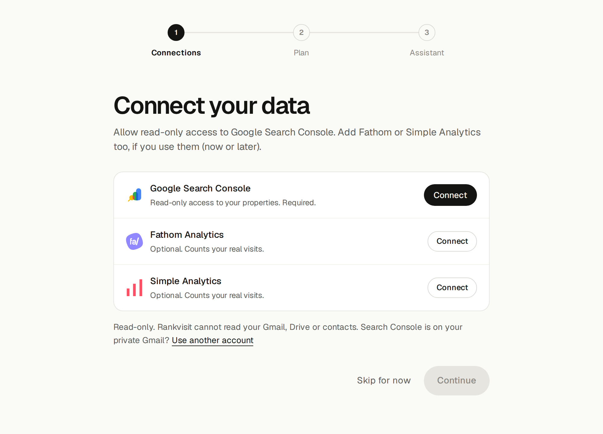 The Connect your data screen: Connect next to Google Search Console, plus optional Fathom Analytics and Simple Analytics