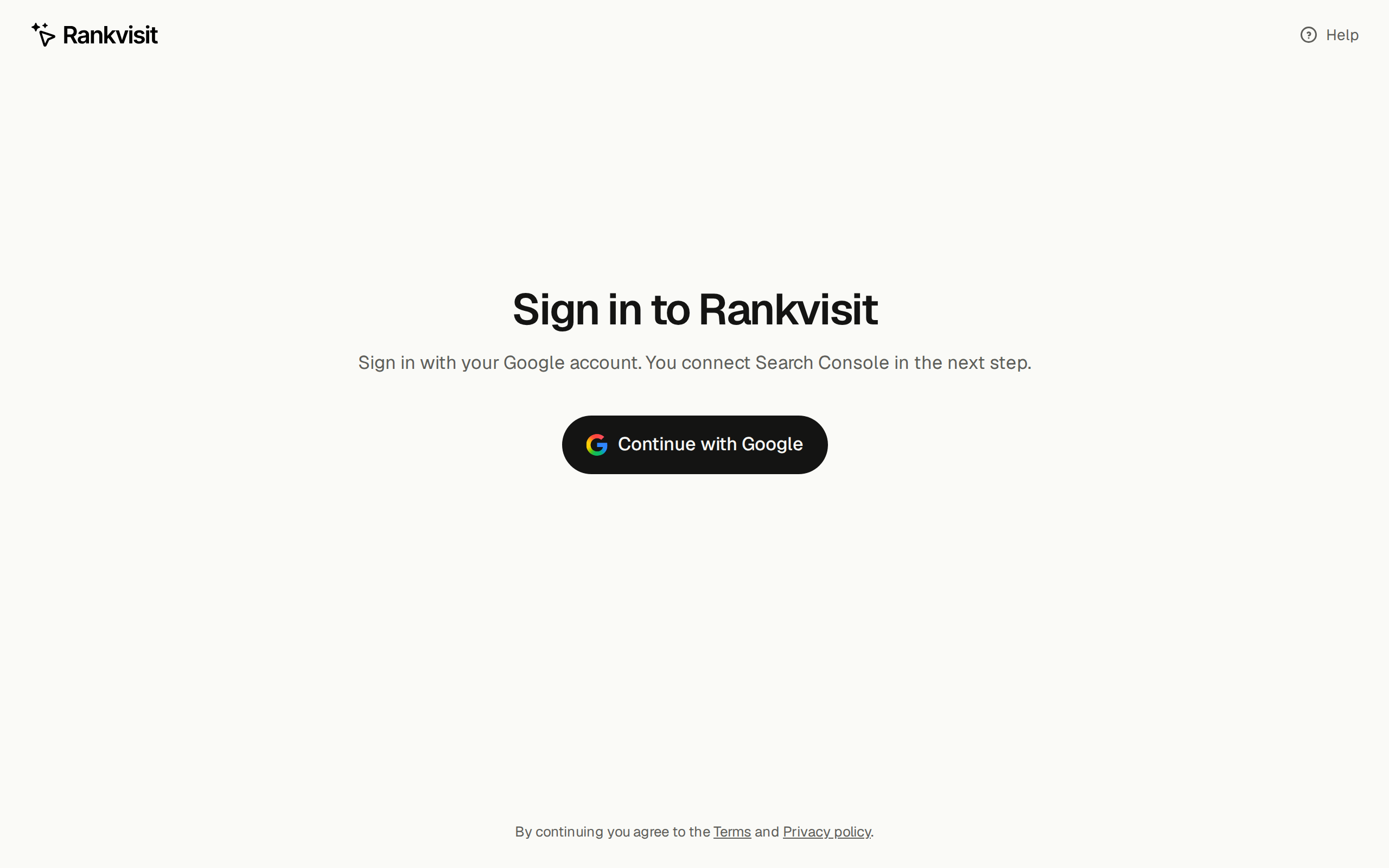 The Rankvisit sign-in page with the Continue with Google button
