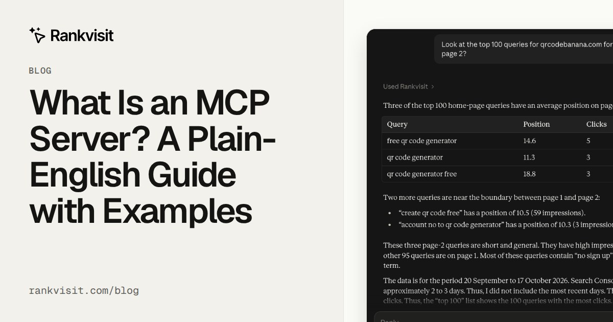 What Is an MCP Server, next to a real Claude.ai answer that uses a Search Console MCP server to list page 2 queries for qrcodebanana.com